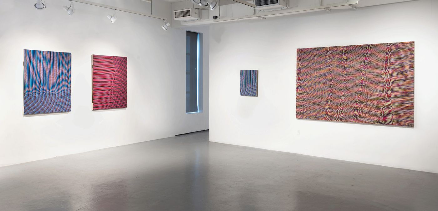 left to right: Breath Play, Hollow Point, Faith Crater, Flesh and Blood, 2021-22. Flashe vinyl acrylic on canvas, 36 x 1.5 x 48 in., 36 x 1.5 x 48 in., 18 x 1.5 x 24 in., 59 x 1.75 x 86 in. Photo: Allison Minto.