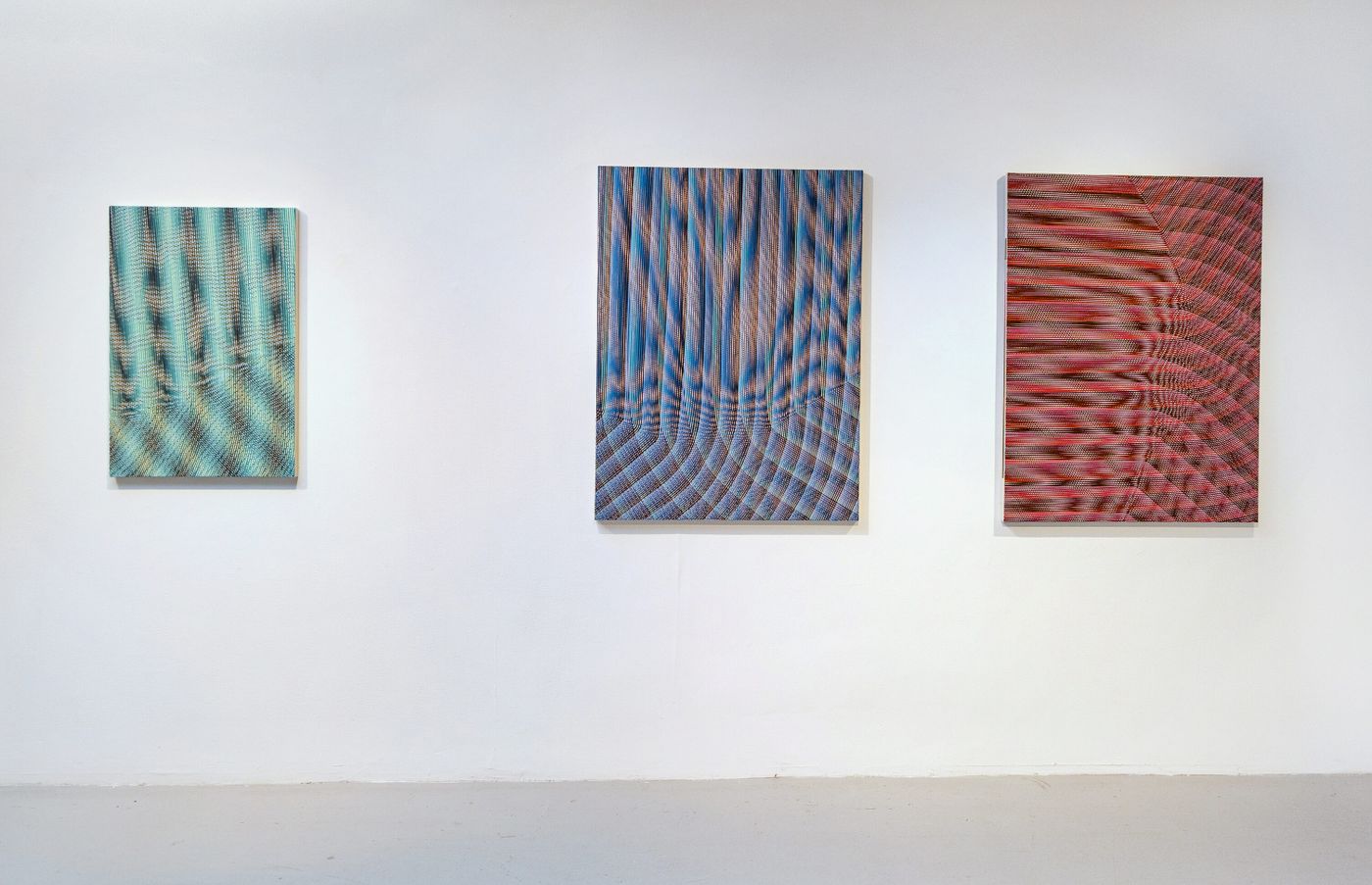 left to right: Shadow Integration, Breath Play, Hollow Point, 2021-22. Flashe vinyl acrylic on canvas; 24 x 1.5 x 36 in., 36 x 1.5 x 48 in., 36 x 1.5 x 48 in. Photo: Meghan Olson.