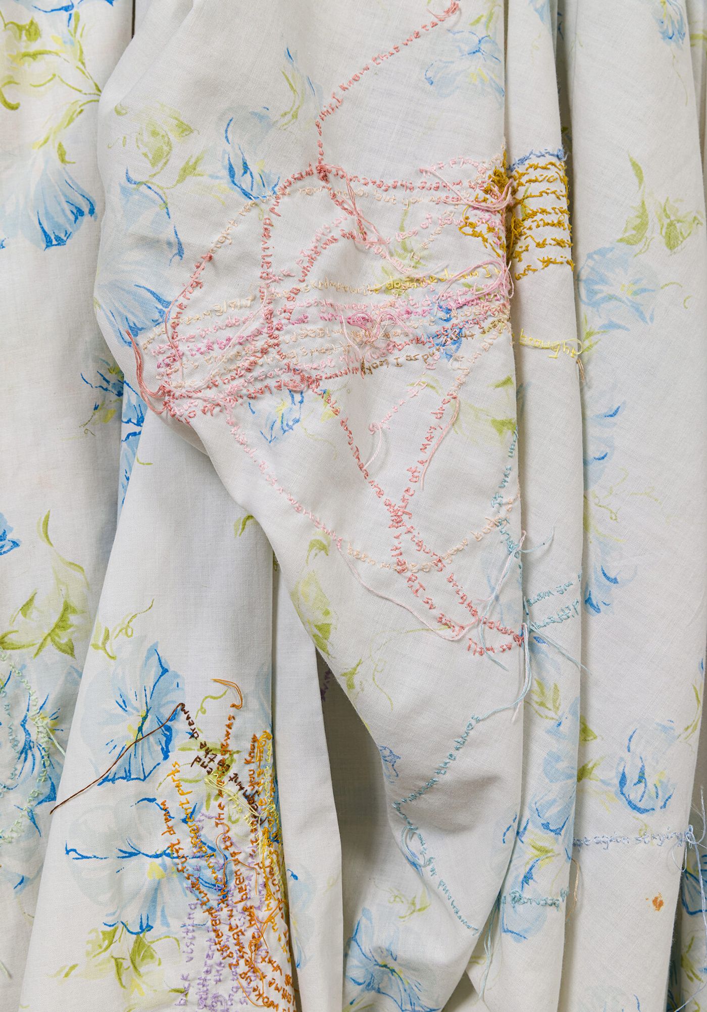 Dream Sheets (detail), 2013-ongoing. Bed sheets and thread; detail 7 x 12 in. Photo: Etienne Frossard.