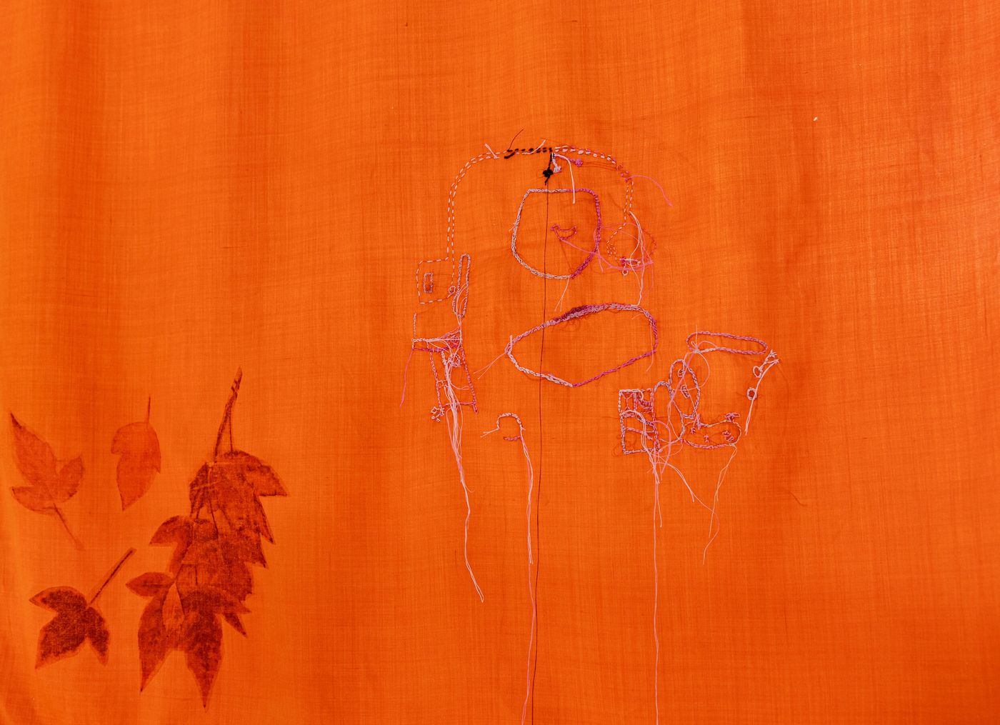 Anne Mailey and Goda Trakumaite, Orange Scarf with Goda’s Map, 2021. Thread, fabric, iron on fabric print; detail 10 x 10 in. Photo: Meghan Olson.