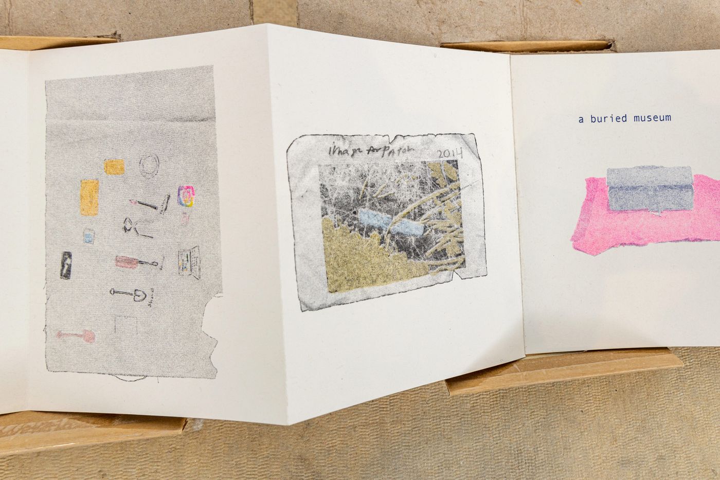 Buried Museum Book (detail), 2022. Riso print; each page 6.5 x 5.5 in. Photo: Meghan Olson.