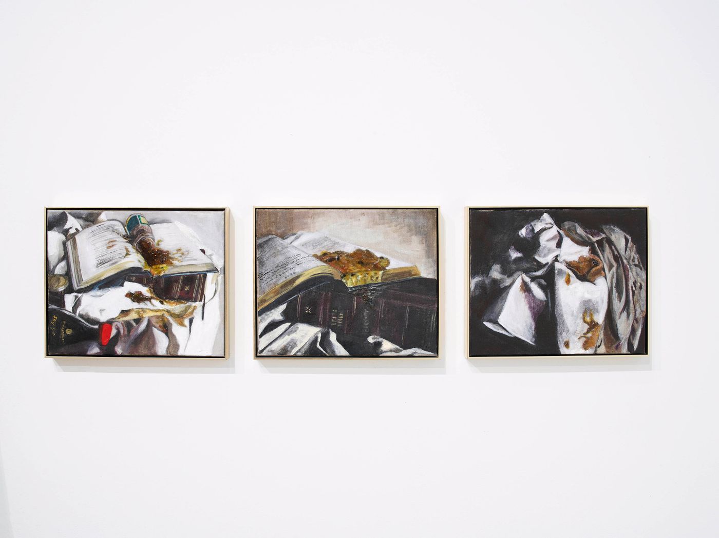 L’origin du Collège, 2022. Encaustic, soy sauce, and mango chutney on linen; Triptych, each 18 x 22 in. Photo: Merik Goma.