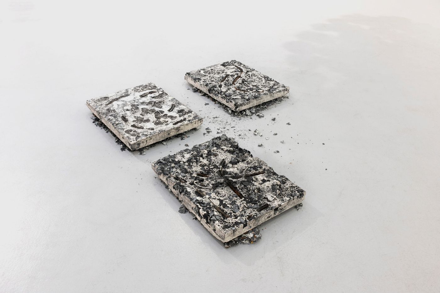 Fossil I, II, & III, 2022. Oil paint fragments, clay, steel, shells, hadrosaur fossils and graphite dust casted into plaster; each approximately 24 x 18 in. Photo: Allison Minto.