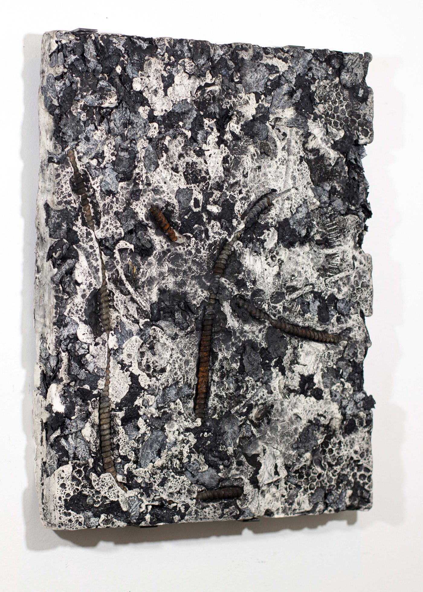Fossil I, 2022. Oil paint fragments, clay, steel, shells, hadrosaur fossils and graphite dust casted into plaster; 24 x 18 in. Photo courtesy the artist.