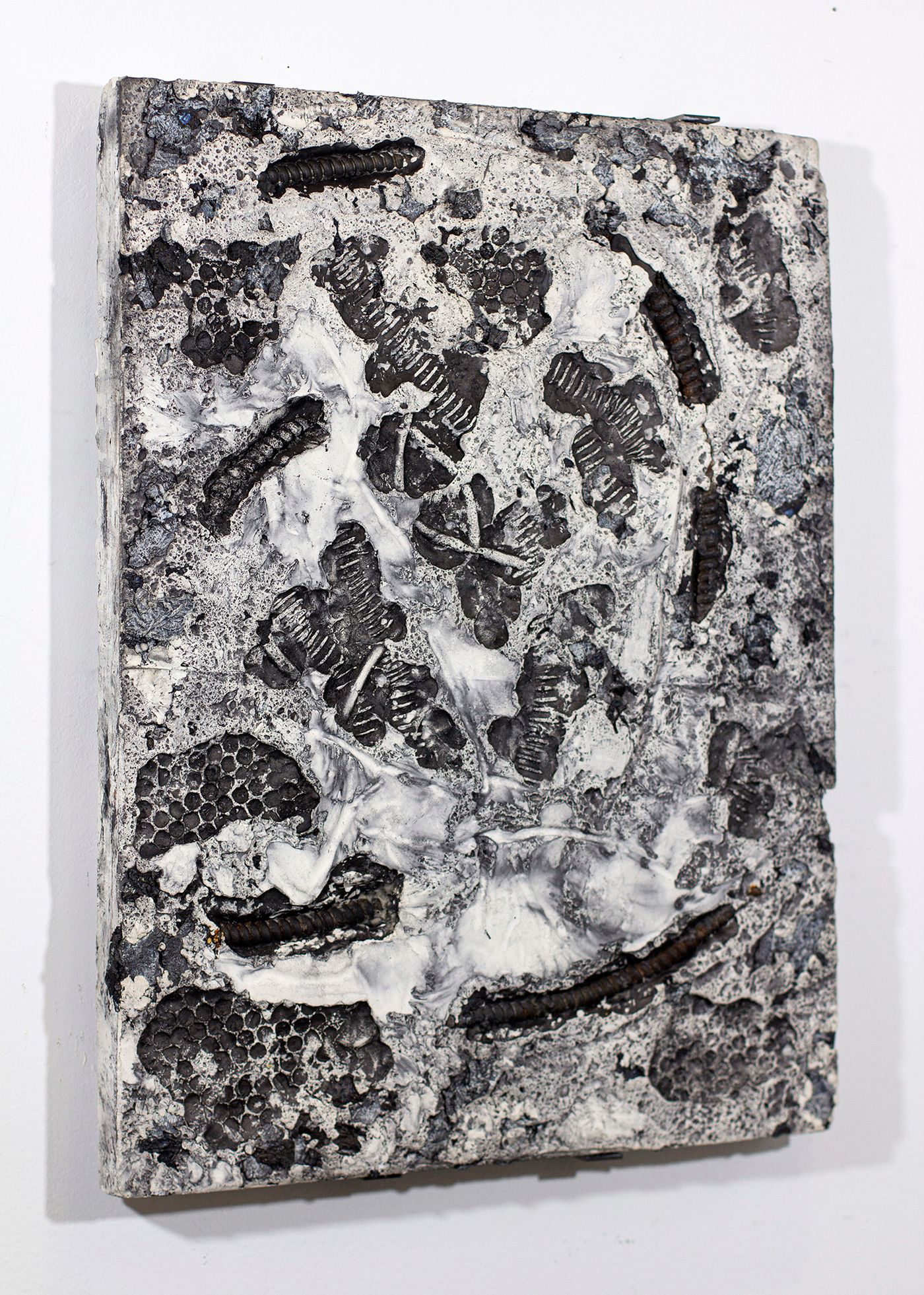 Fossil III, 2022. Oil paint fragments, clay, steel, shells, hadrosaur fossils and graphite dust casted into plaster; 24 x 18 in. Photo courtesy the artist.