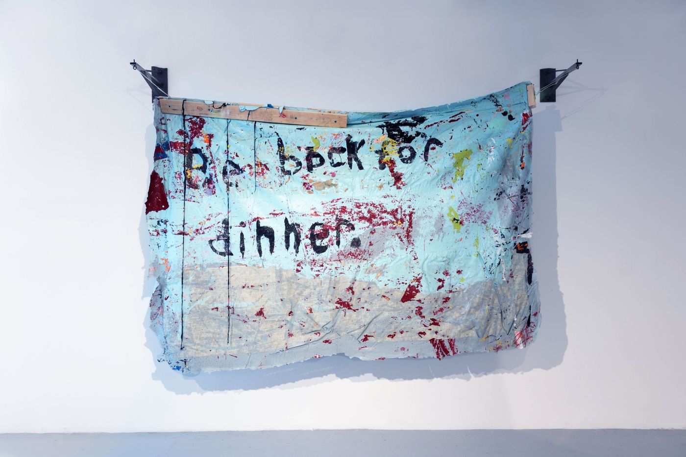 Administrator: 3598, 2021. Table cloth, wood, screws, metal, wire, latex acrylic paint; 114 x 84 x 17 in. Photo: Allison Minto.