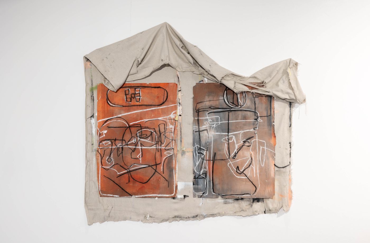 Bottle Me Up, 2009 - 2022. Iodine, saliva, charcoal, acrylic, canvas, paper, on drywall; 44 x 57 in. Photo: Allison Minto.