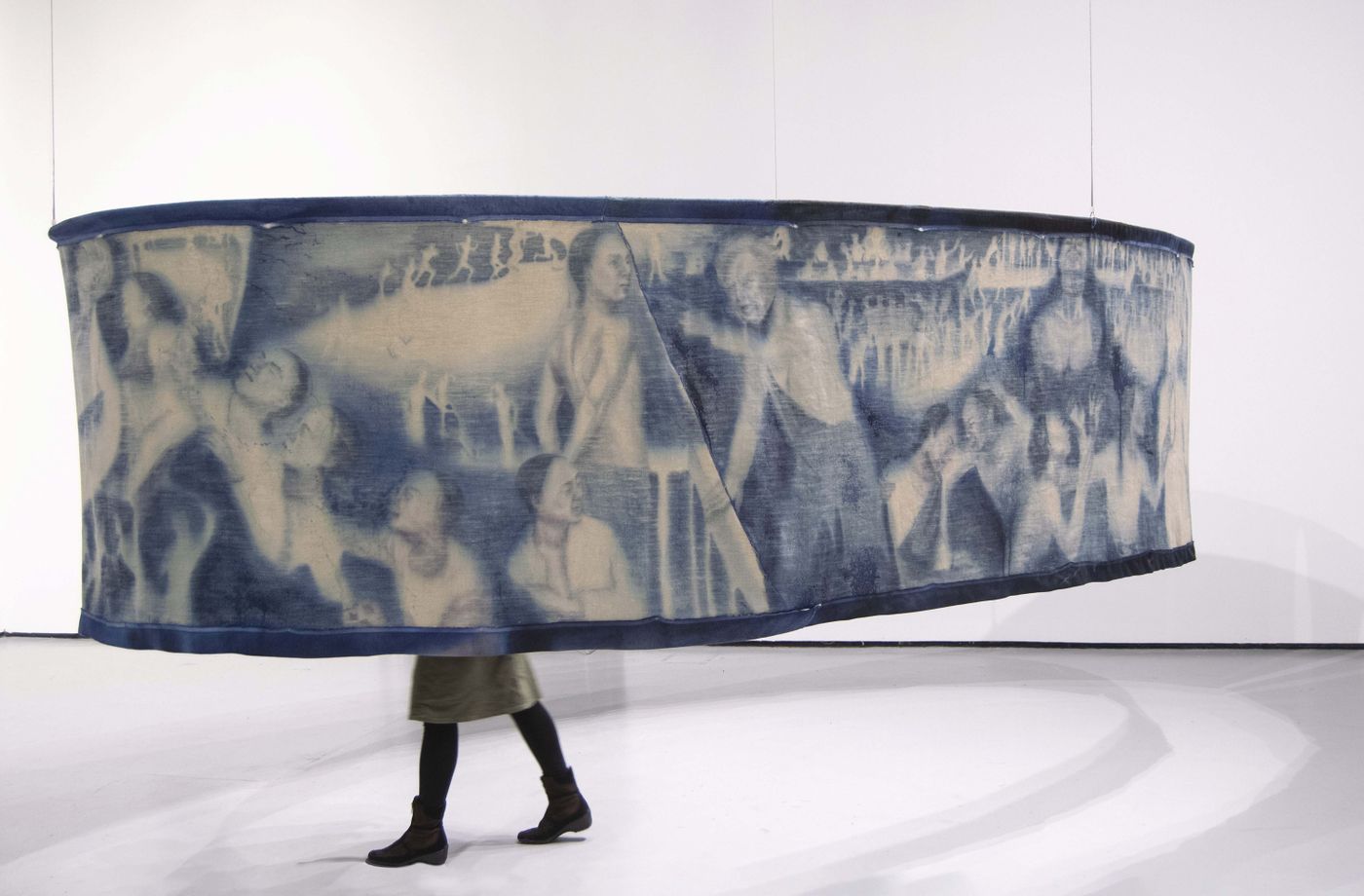 The Robert Browne, 2022. Fabric dye, charcoal, thread, linen, and steel; 78 x 96 x 168 in., painting dimensions 48 x 420 in. Photo courtesy the artist.