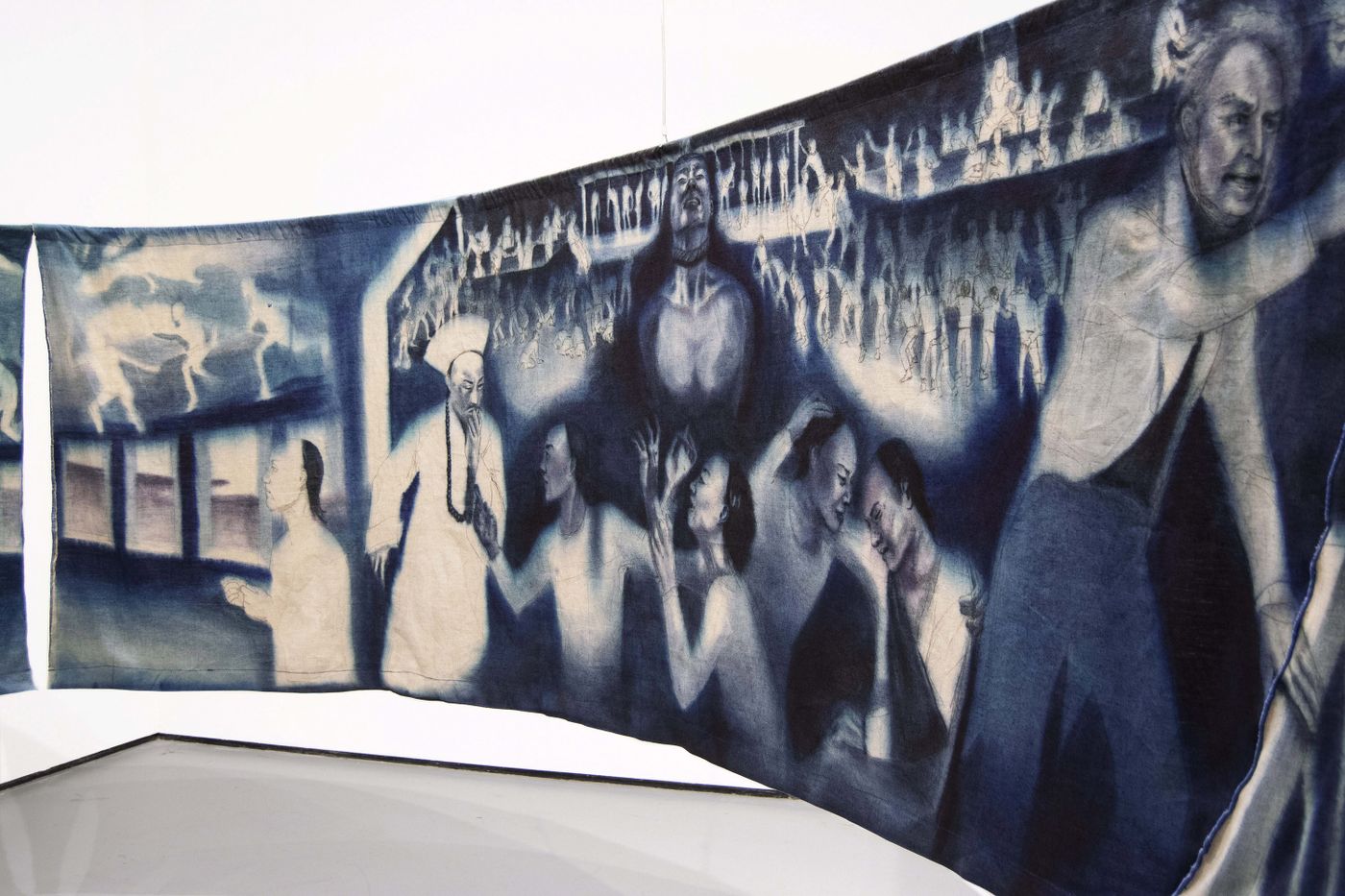 The Robert Browne (interior view), 2022. Fabric dye, charcoal, thread, linen, and steel; 78 x 96 x 168 in., painting dimensions 48 x 420 in. Photo courtesy the artist.