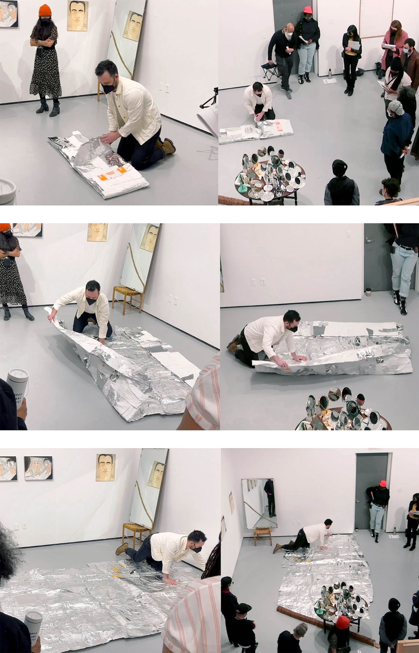 Video stills of Unfolding Performance II, with Folded Piece II, 2022. Foils, reflective papers, tape, one-minute duration. Video: Bhasha Chakrabarti & Alex Puz.