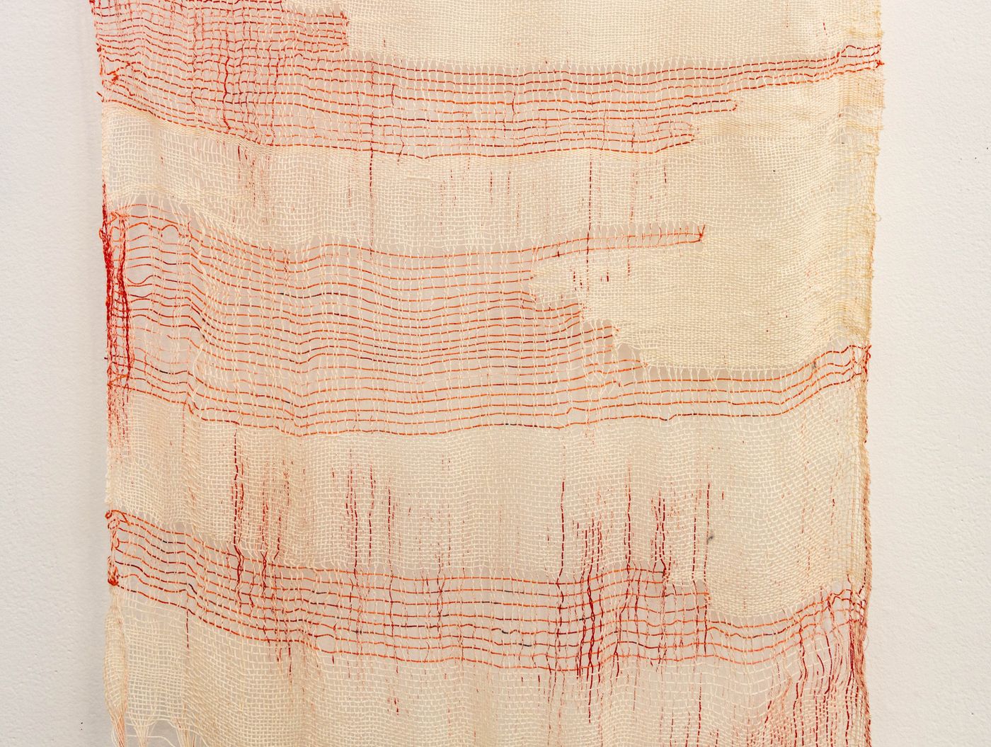 Redacted Stanzas (detail), 2022. Woven on rigid heddle loom with dye and leno-weave; 25 x 62 in. Photo: Meghan Olson.