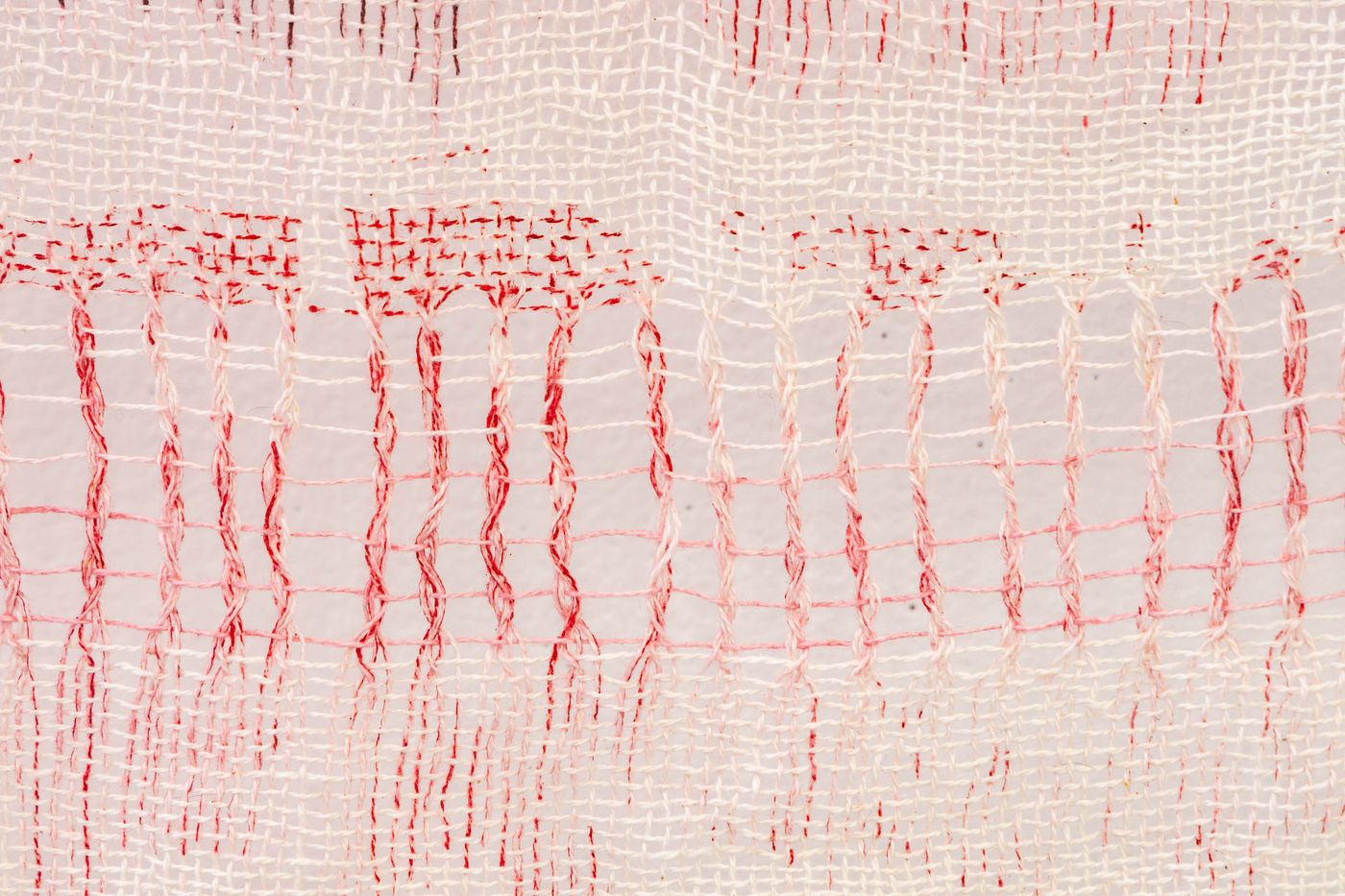 THE ELEMENTS MIGHT STAND UP (detail), 2022. Woven on rigid heddle loom with dye and leno-weave; 25.5 x 62.5 in. Photo: Meghan Olson. 