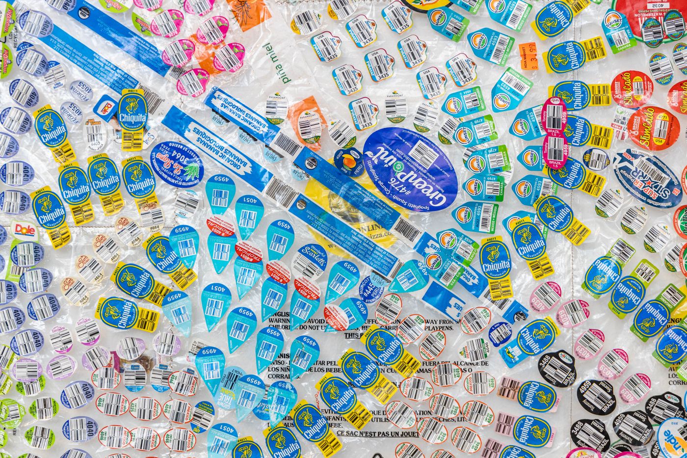 Calcomanías / Food stickers (detail), 2021. Food stickers on sewn plastic; 59 x 40 in. Photo: Meghan Olson.