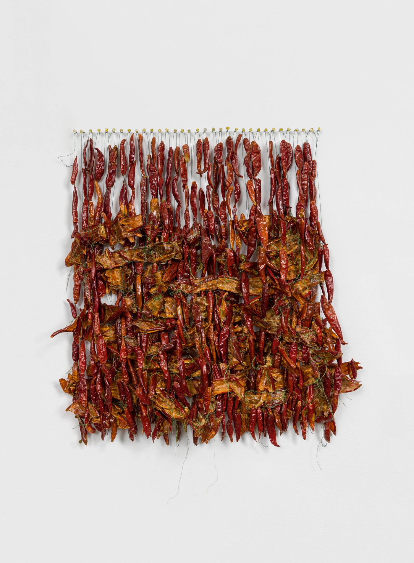 aguas, 2021. Thread, glitter, dried chili peppers, floral wire and nails on wall; 17 x 20 x 2 in. Photo: Etienne Frossard.